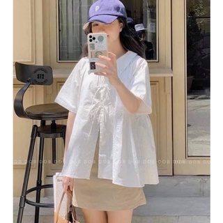 SUA008 Áo sơ mi buộc dây babydoll cute trắng đen cộc tay Áo cổ sen thắt nơ dáng rộng dễ thương đi học đi chơi hè thu đẹp