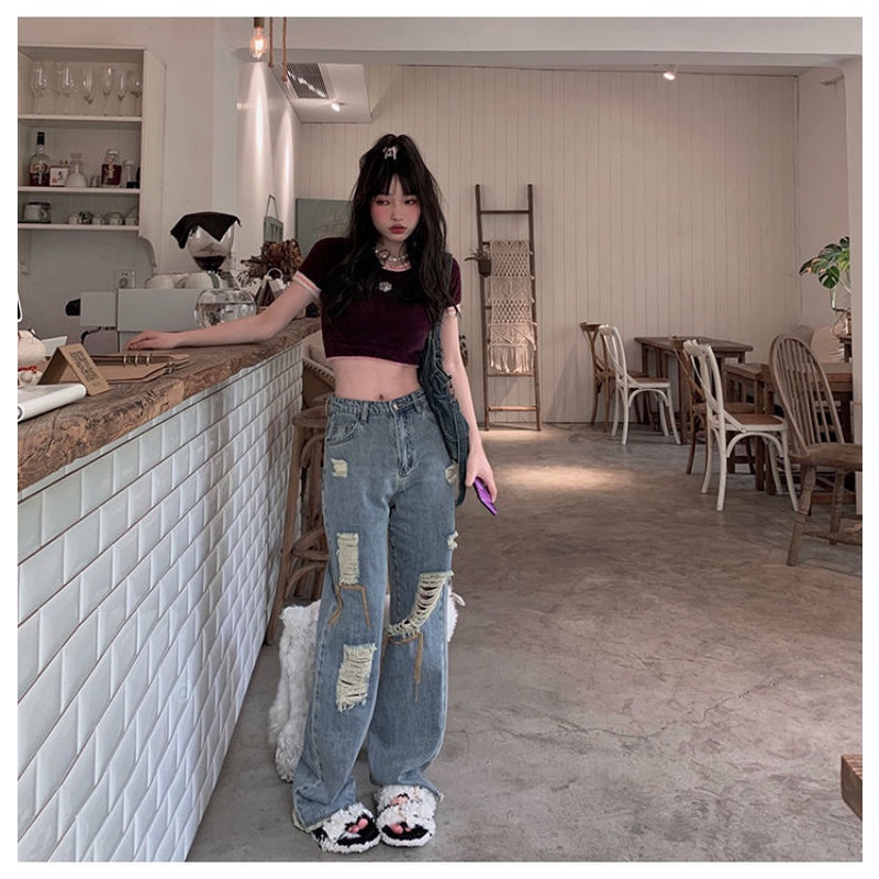 Quần Jean Ống Rộng Rách Gối Thời Trang Dành Cho Nữ