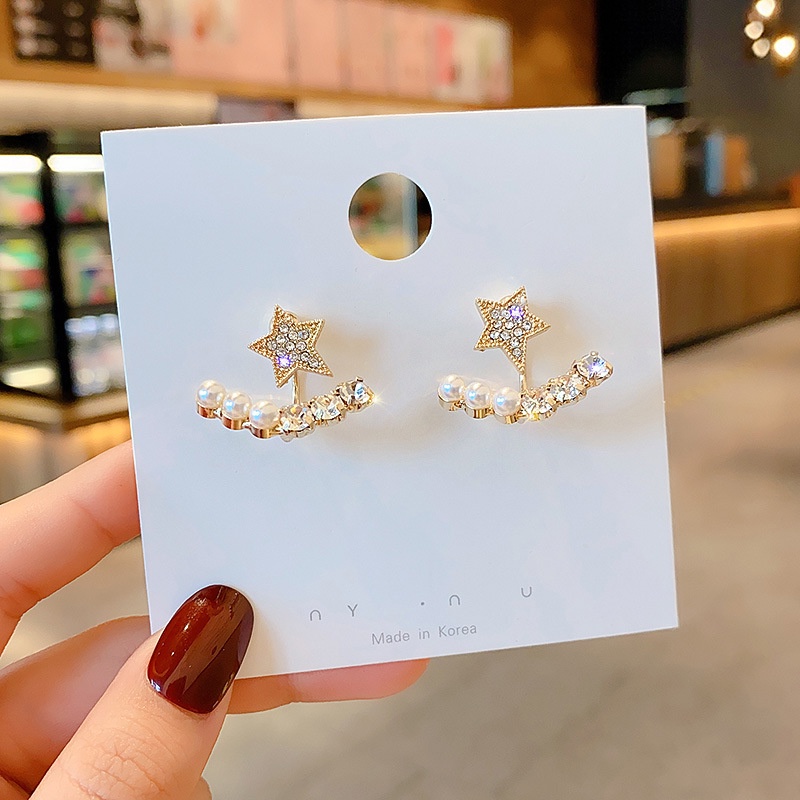 Bông Tai Mạ Bạc 925 Hình Ngôi Sao Năm Cánh Đính Đá Ngọc Trai Phong Cách Hàn Quốc