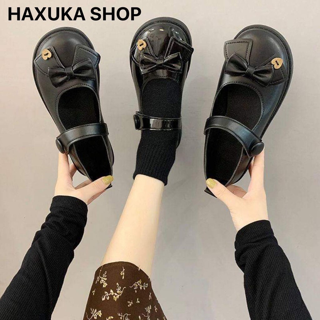 (ORDER) Giày da Retro đế bắng cài quay gắn nơ hai màu Đen Nhám và Đen Bóng | BigBuy360 - bigbuy360.vn