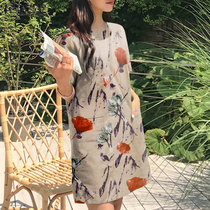 Đầm tay ngắn ZANZEA cổ tròn phong cách vintage dành cho nữ
