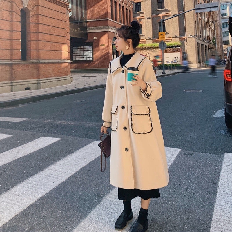 Áo khoác dạ dáng dài cổ polo thêu viền cổ tay và túi áo phiên bản mới phong cách Hàn Quốc | BigBuy360 - bigbuy360.vn