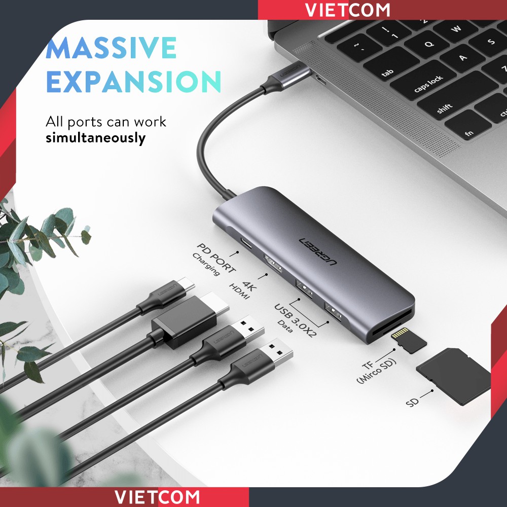 Cáp chuyển USB Type-C to HDMI, USB 3.0, Đọc thẻ SD/TF, Hỗ trợ sạc USB C - Ugreen 70411