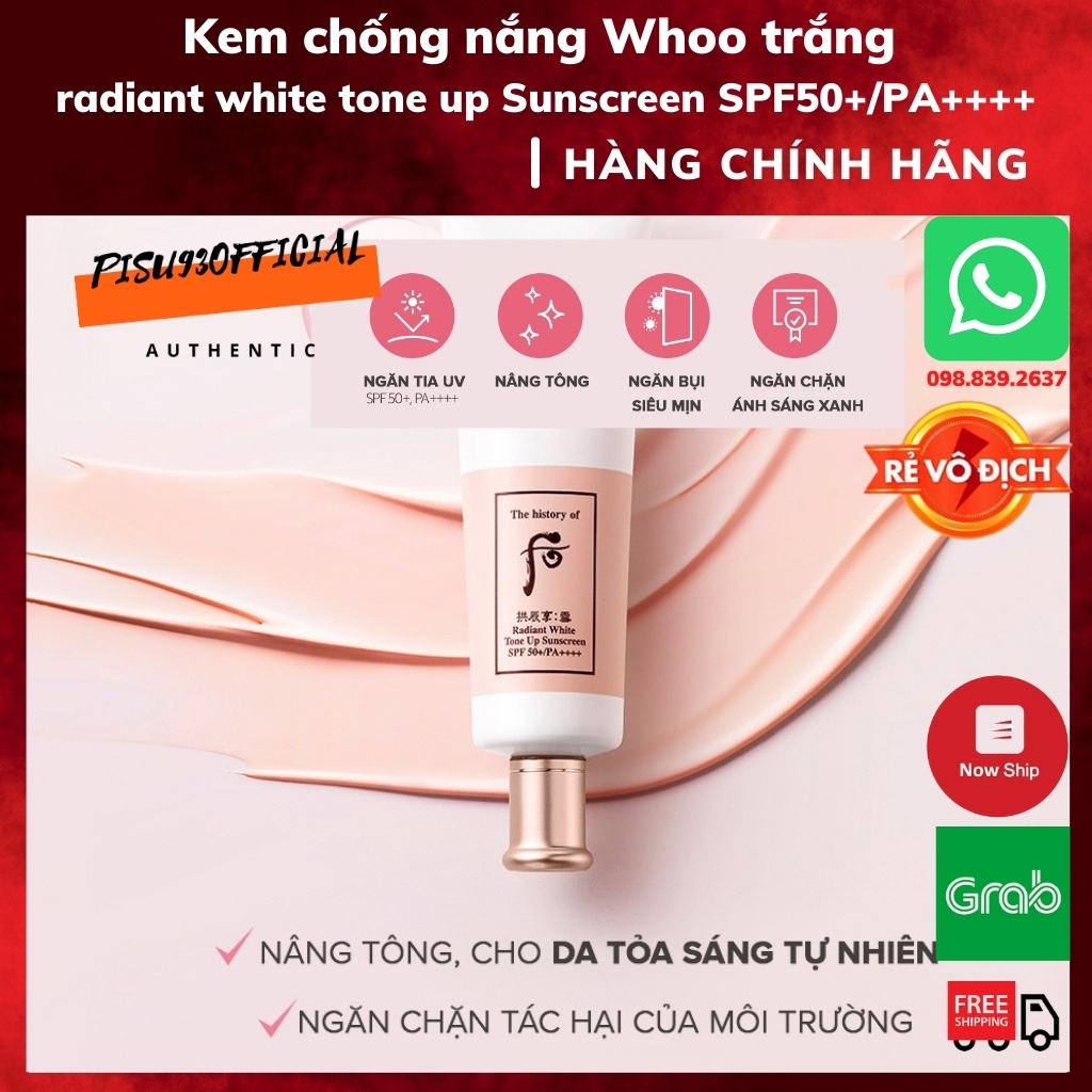 Kem chống nắng Whoo Trắng dưỡng trắng nâng tone da trắng hồng Radiant White Tone Up Sunscreen SPF50+/PA++++ | BigBuy360 - bigbuy360.vn