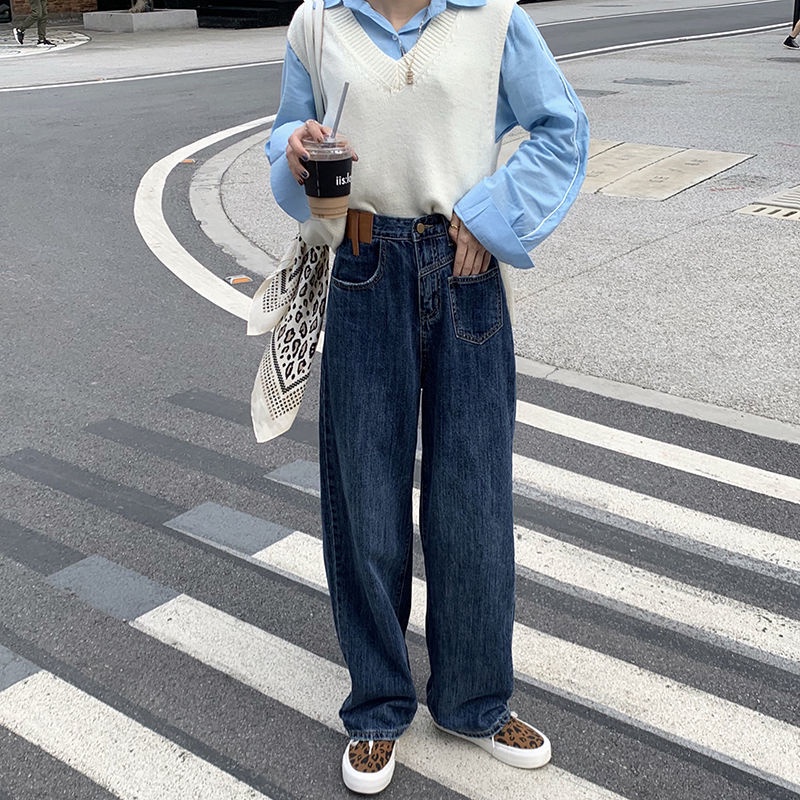 Quần jean dài XIAOZHAINV ống rộng lưng cao phong cách vintage cá tính cho nữ