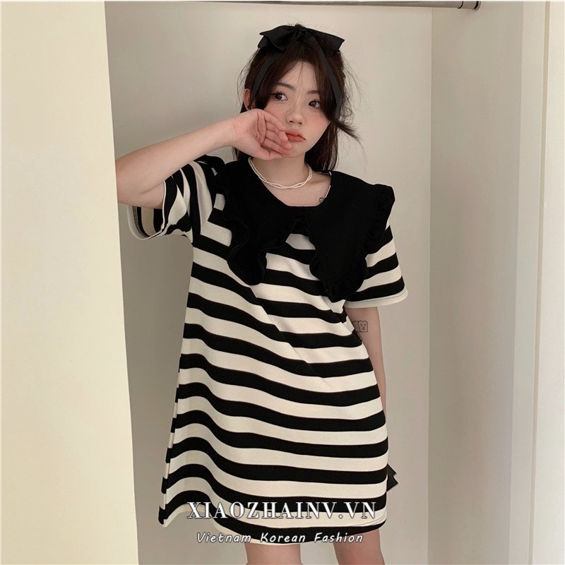 Đầm Xiaozhainv ngắn tay cổ búp bê dáng rộng họa tiết kẻ sọc phong cách Pháp thời trang mùa hè cho nữ