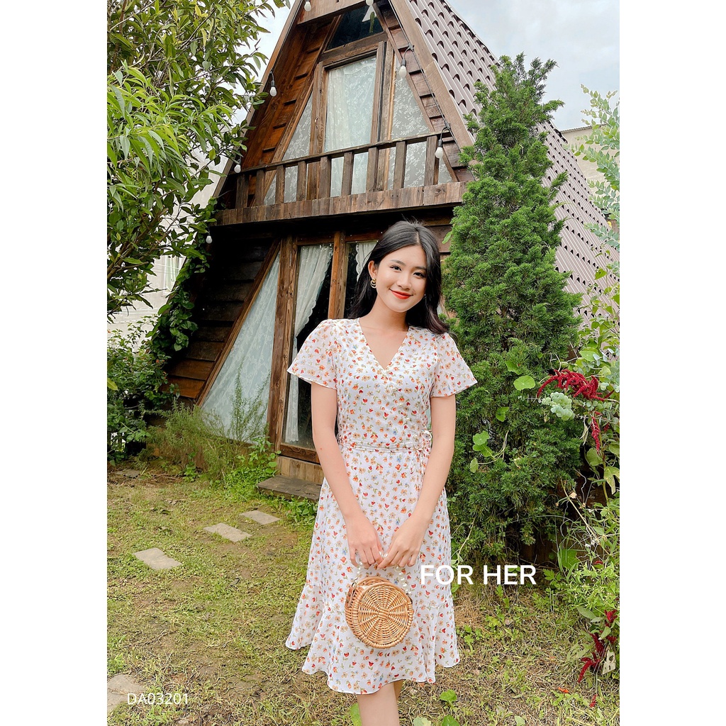 Đầm cổ tim nơ eo hoa DA0320