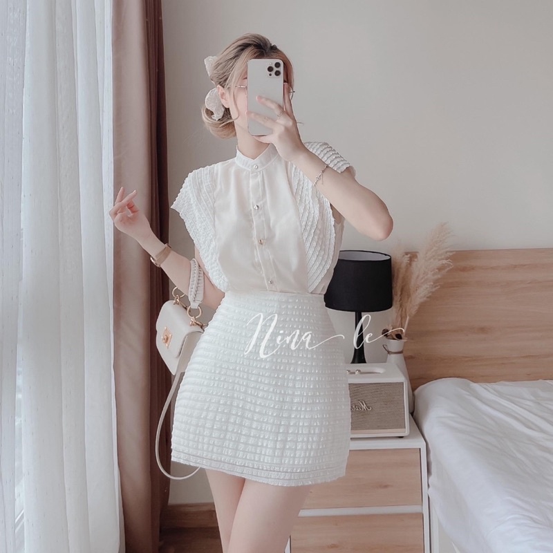 sét công sở, đi chơi, đi cafe, sét ren sọc 2 lớp phối áo tơ khuy nấm