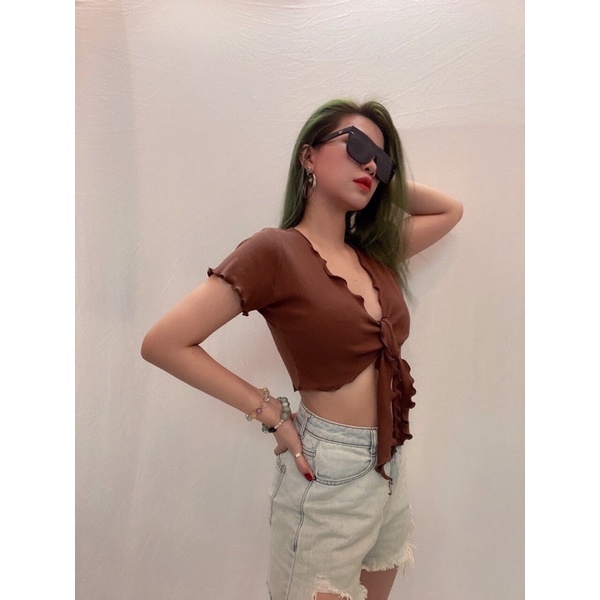 Áo croptop cột nơ trước xoăn lai vnxk