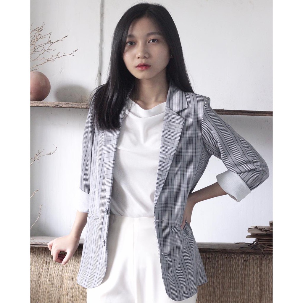 Áo vest blazer nữ KHÀN màu caro xám kẻ trắng áo khoác công sở tay dài 1 lớp phong cách Hàn Quốc