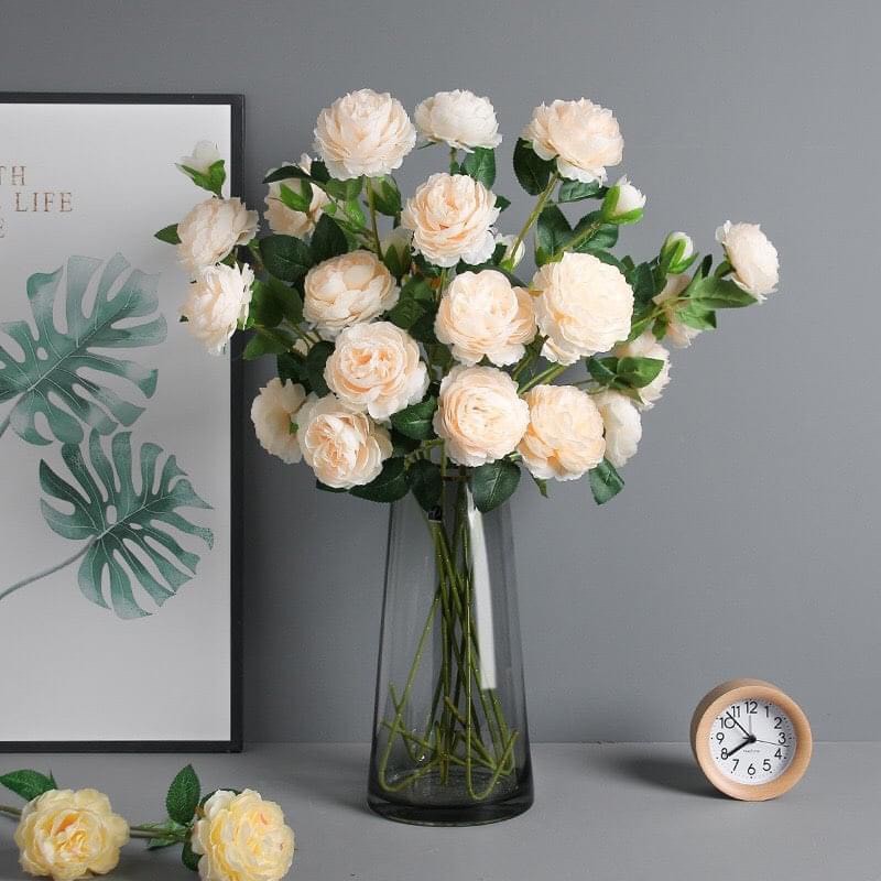 Hoa hồng mẫu đơn cành 2 bông  to 1 nụ thấp 65cm - Hoa giả trang trí tiệc cưới, phụ kiện chụp ảnh, để bàn