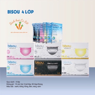 Hộp 50 chiếc Khẩu trang y tế kháng khuẩn Bisou 4 lớp đủ màu chính hãng.Giao màu ngẫu nhiên