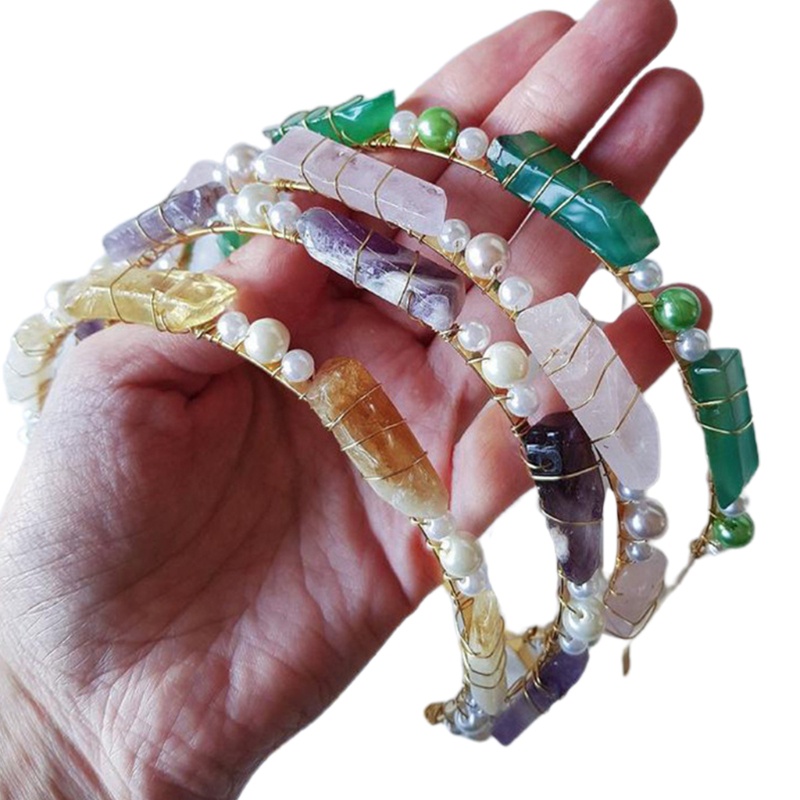 Băng Đô Cài Tóc Hình Vương Miện Đính Đá Thạch Anh Tự Nhiên Phong Cách Bohemian
