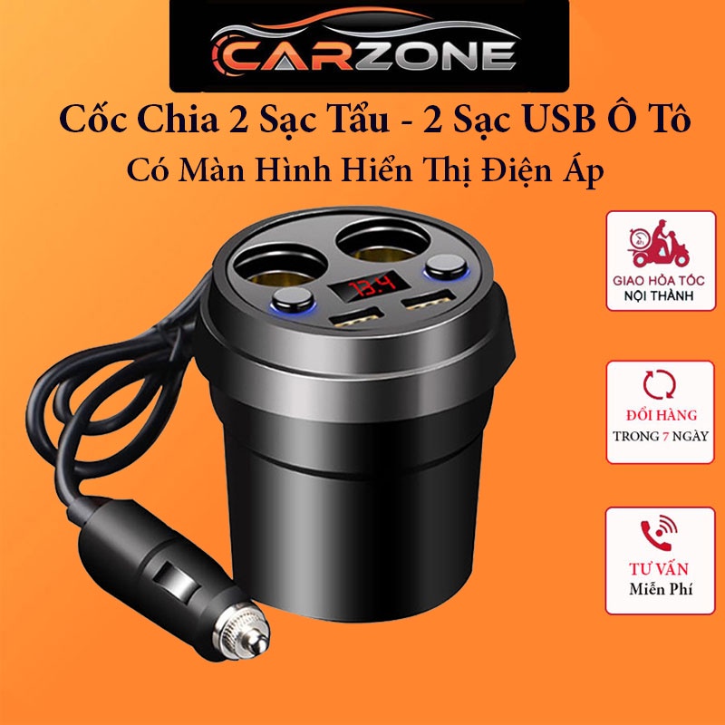 Tẩu Chia Sạc Ô Tô Hình Dạng Cốc - Chia 2 Nguồn Tẩu 2 Đầu USB, Hiển Thị Điện Áp CARZONE.TOP