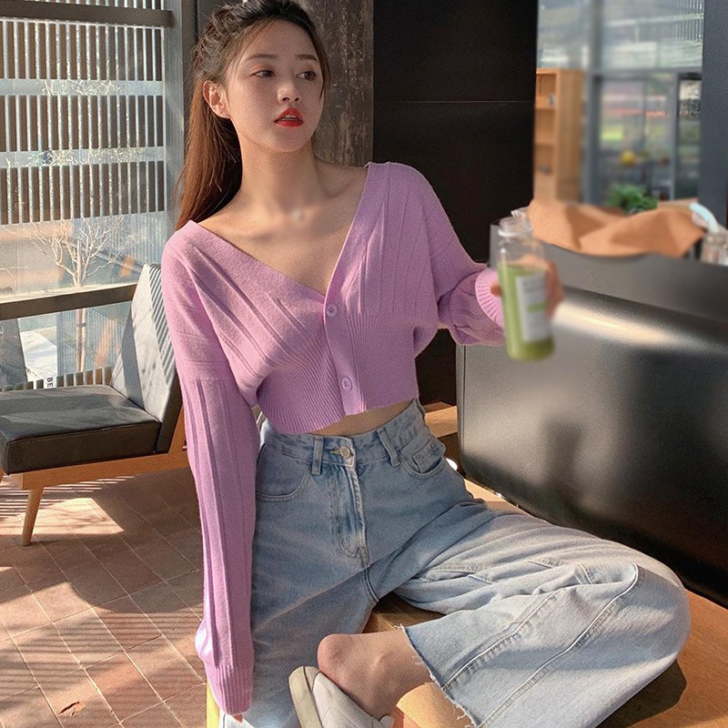 Áo Croptop Dệt Kim Tay Dài Cổ Chữ V Phong Cách Hàn Quốc | BigBuy360 - bigbuy360.vn