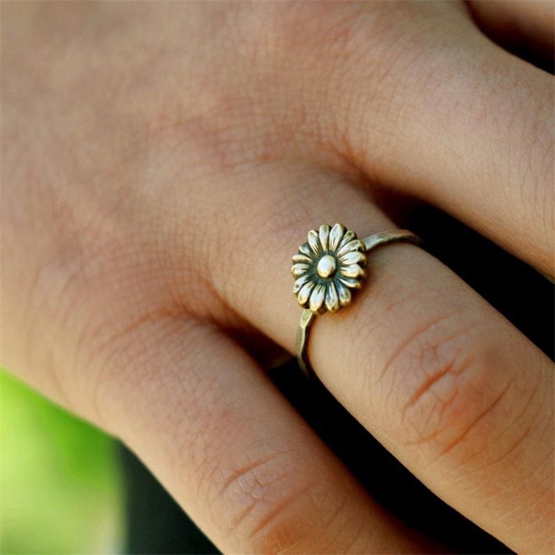 Sẵn Sàng Cổ Vintage Hoa Hướng Dương Nhẫn Bạc Thái Châu Âu Và Mỹ Mạ Vàng 18 K Cúc Đính Đá