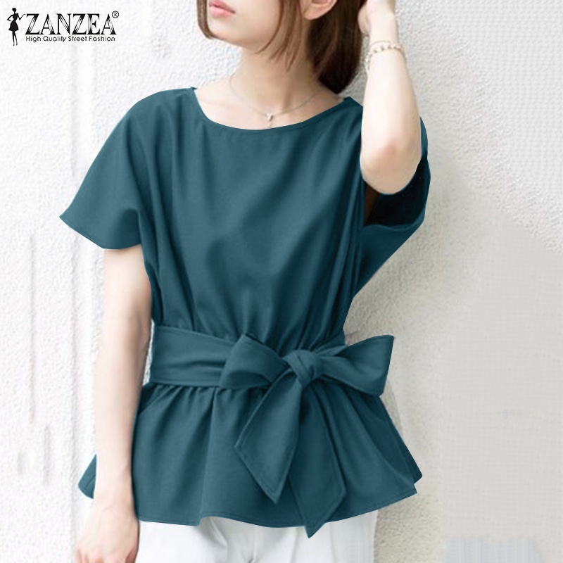 Áo kiểu Zanzea tay ngắn cổ tròn màu trơn có thắt lưng phong cách Hàn Quốc thời trang dành cho nữ