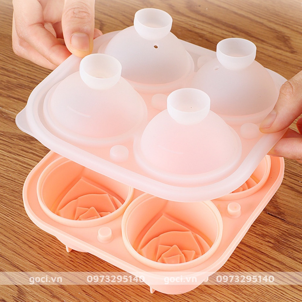 Khay Đá Hoa Hồng silicon có nắp xinh xắn cute khuôn làm thạch trang trí đồ uống 4 Viên
