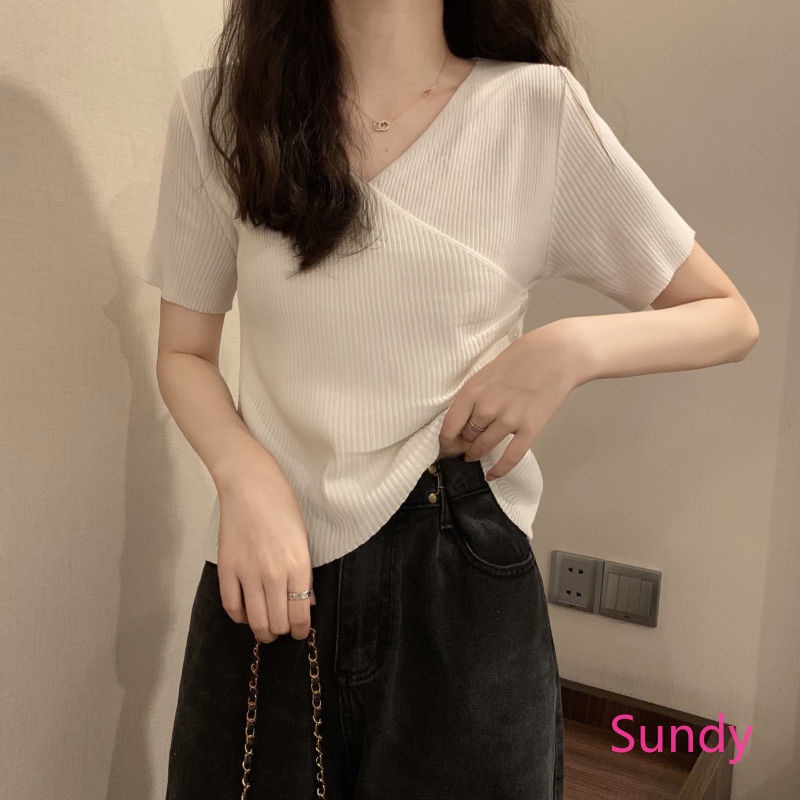 Áo Dệt Kim Ngắn Tay Vạt Chéo Thời Trang Mùa Hè Cho Nữ