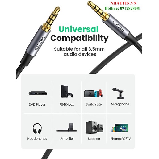 Cáp âm thanh AUX 3.5mm 2 đầu dương 4 cực bện nylon hỗ trợ mic Ugreen cao cấp