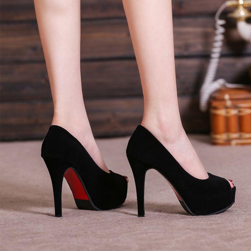 Giày Cao Gót 12cm Hở Mũi Chất Liệu Da Lộn Màu Đen Thời Trang Mùa Xuân 2022 Cho Nữ