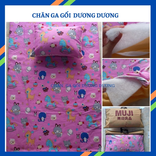 Nệm cho bé đi học 70x110cm, nệm mềm mát vải cotton cao cấp, họa tiết hoạt hình có kèm gối nằm