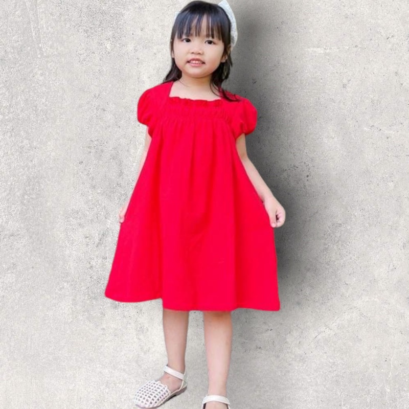 Váy Linen Đũi Babydoll Màu Đỏ Tay Bồng 2 Lớp, Cổ Smock Nút Lưng Đẹp Tuyệt