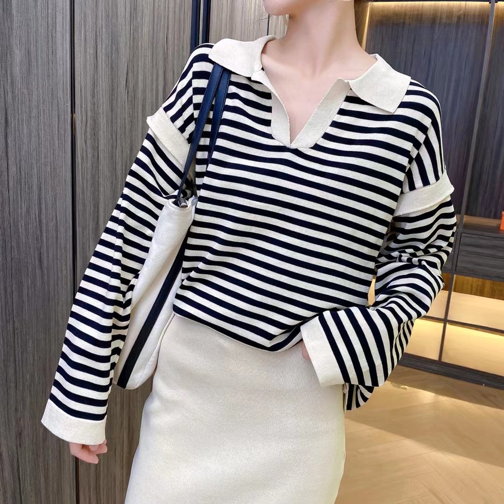 Áo sweater tay dài cổ chữ V kẻ sọc màu sắc tương phản thời trang mùa thu cho nữ