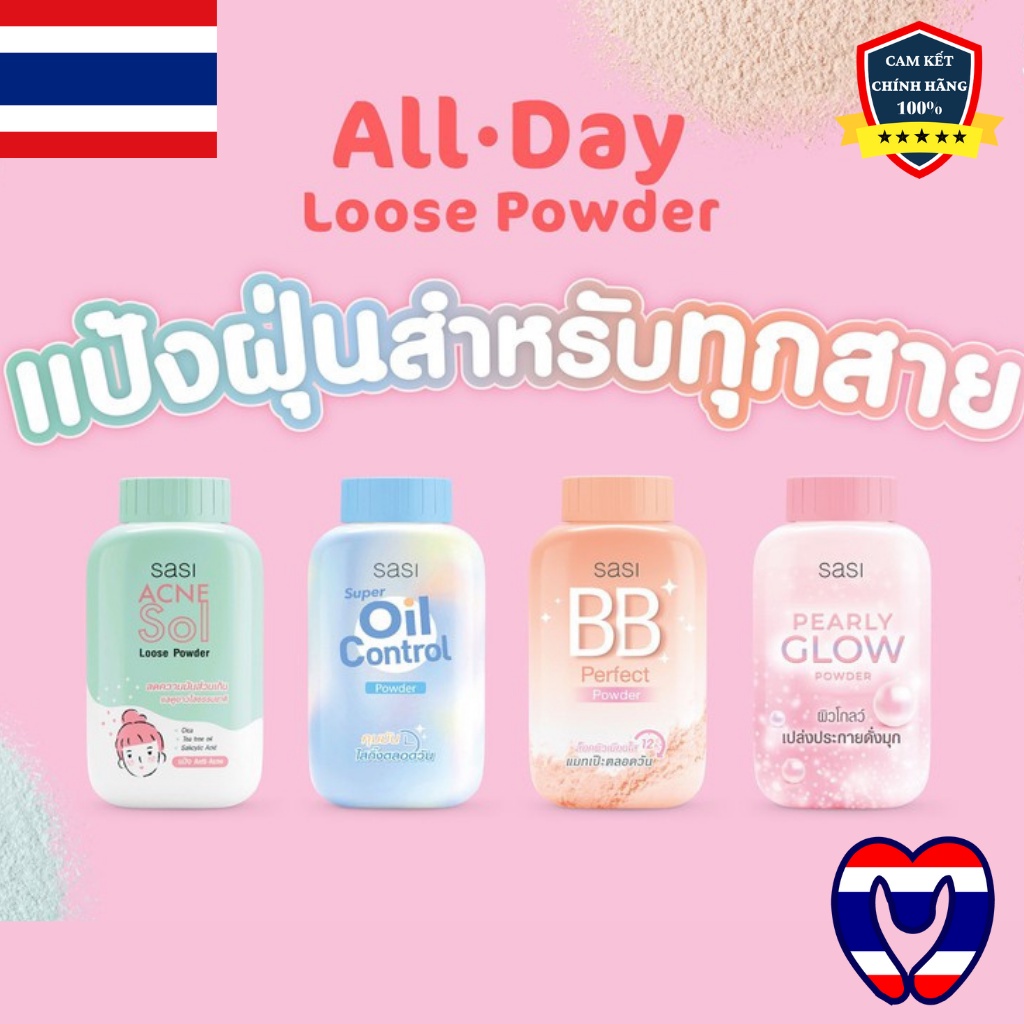 Phấn phủ bột Thái Lan SaSi All Day Loose Powder 4 công thức dịu nhẹ an toàn phù hợp cho mọi loại da 50g - Thái Lan