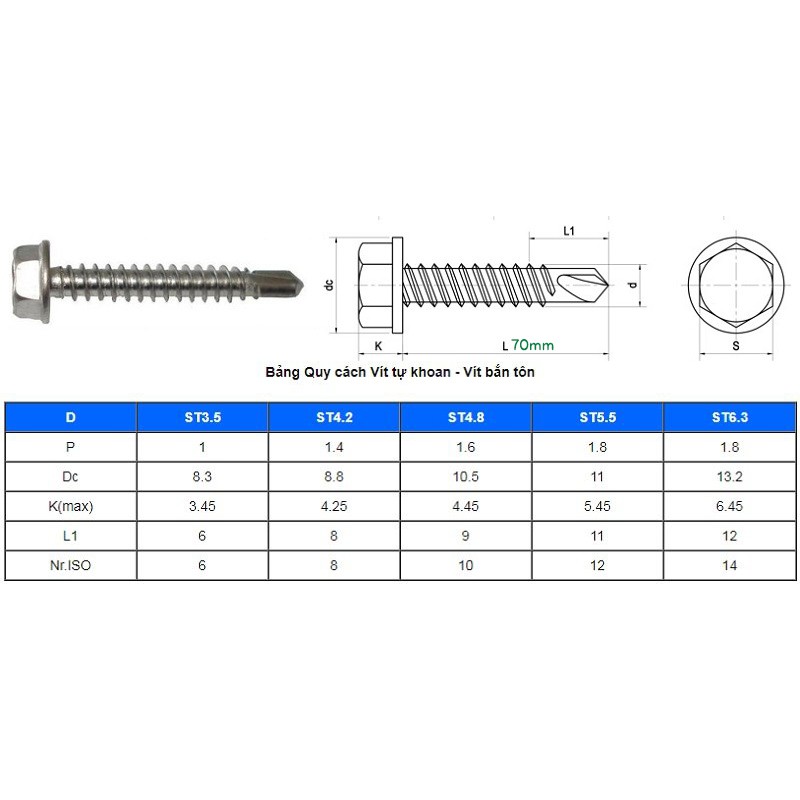 Đinh vít bắn tôn Inox tự khoan M5.5 x 70 mm gói 10 cái