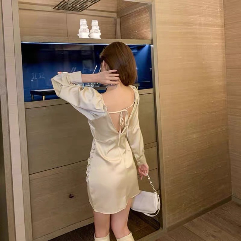 SẴN🖤Đầm ôm body đắp vạt lụa tuyết mềm mịn mát lịm chéo quyến rũ sexy|Đầm dự tiệc tay dài sang chảnh hở lưng