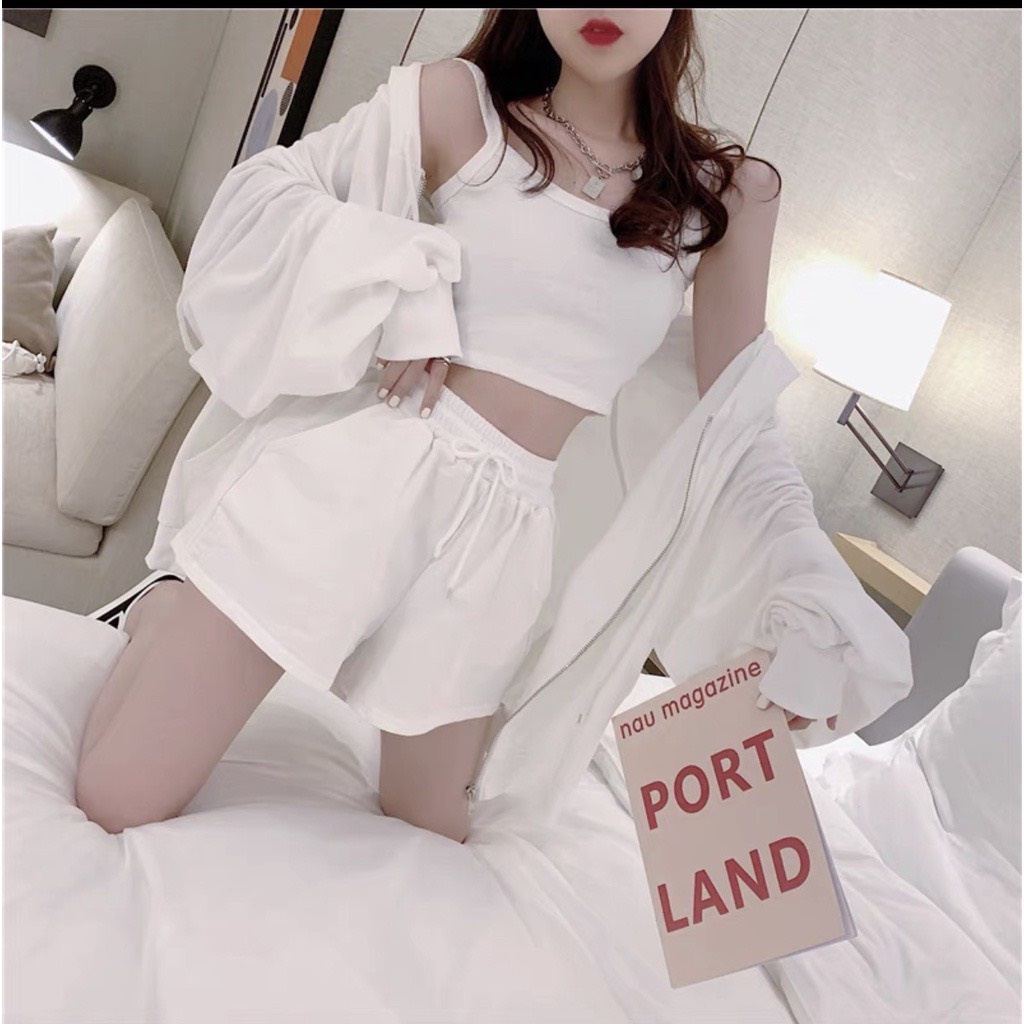 Set 3 Món Short 2s Khoác Nỉ Trơn L.Y Store Nữ  🌸 Bộ đồ quần sooc đùi áo 2 dây kiểu dáng basic hàn quốc đẹp 🌸
