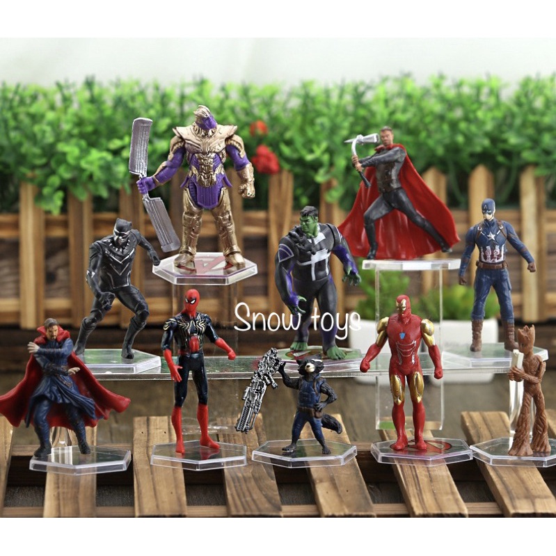 Set 10 Mô hình Avengers Marvel Hulk Iron Spider Man Captain Thor Doctor Strange Thanos Black Panther Groot Rocket Racoon