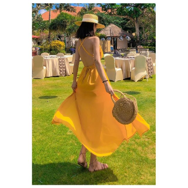 (CÓ SẴN)ĐẦM MAXI VÁY MAXI VÀNG HỞ LƯNG ĐI BIỂN QUẢNG CHÂU