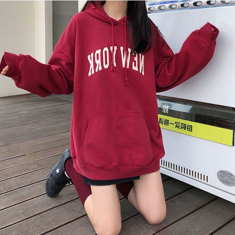 Áo Hoodie tay dài dáng rộng màu đỏ và trắng phong cách mới dành cho nữ 2021