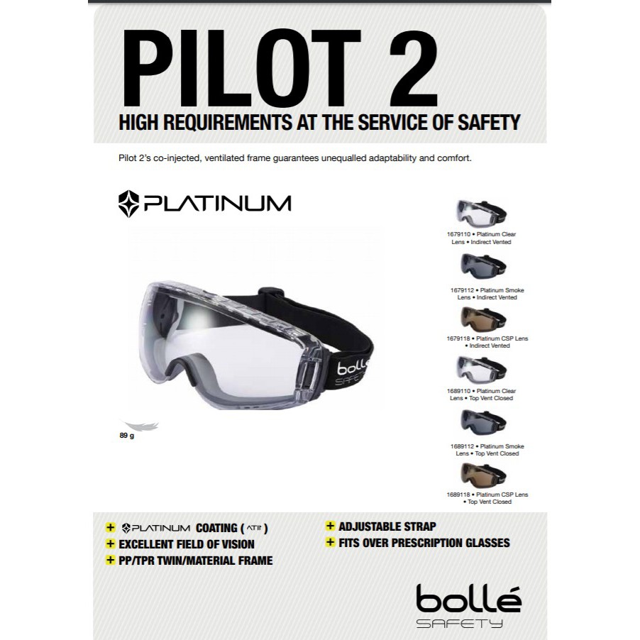 Kính BOLLE 1689110 Pilot 2 Safety Goggle (có thể đeo ngoài kính cận, phủ Platinum chống đọng sương, chống trầy xước)