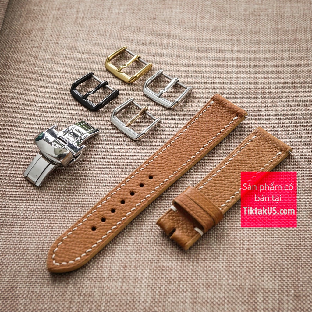 Dây đồng hồ da bò epsom Pháp chỉ viền trắng kèm khóa đủ size 18mm - 20mm - 22mm