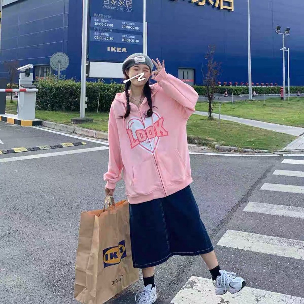 Khoác Nỉ Hoodie Hồng Nam Nữ Chữ Look Form Rộng Mũ To Tay Bồng Chất Đẹp Unisex Basic Uzzlang