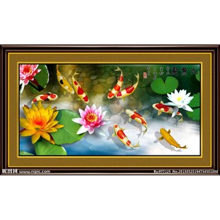Tranh Thêu Chữ Thập 3D Chín Cá Hội Tụ Tiền Tài A945 (KHÁCH TỰ THÊU) KT:138X74CM