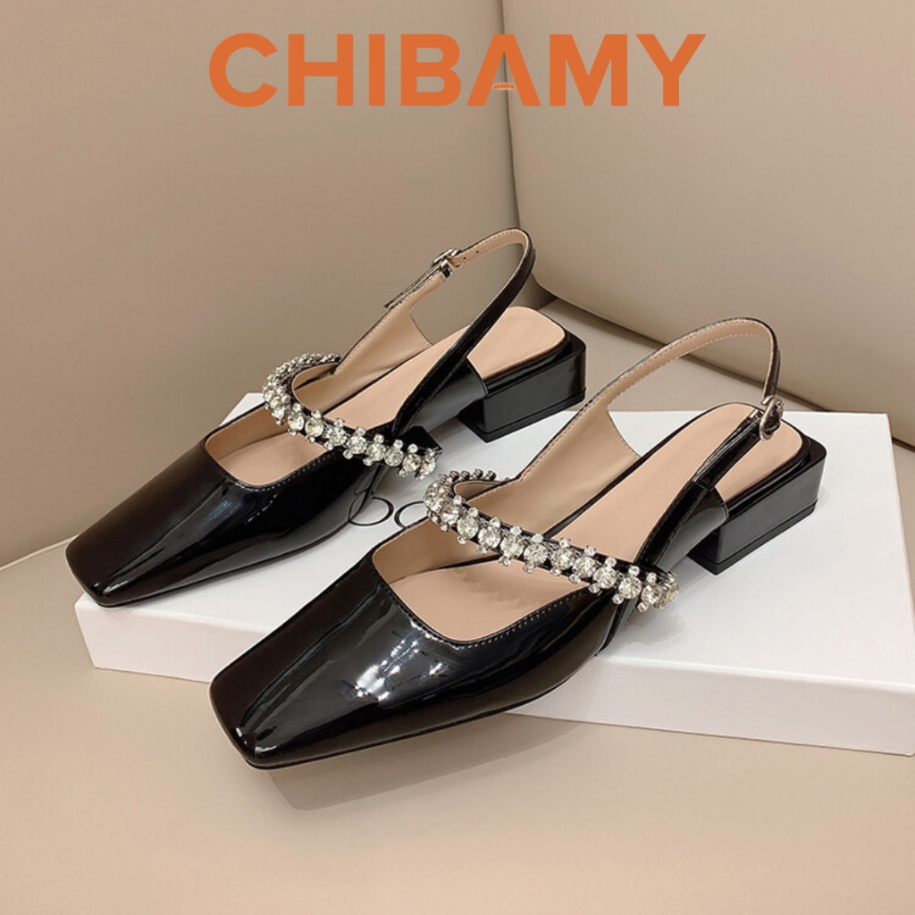 Giày cao gót nữ bít mũi quai ngang đính đá CHIBAMY đế vuông 3cm chất da bóng mềm mã H03