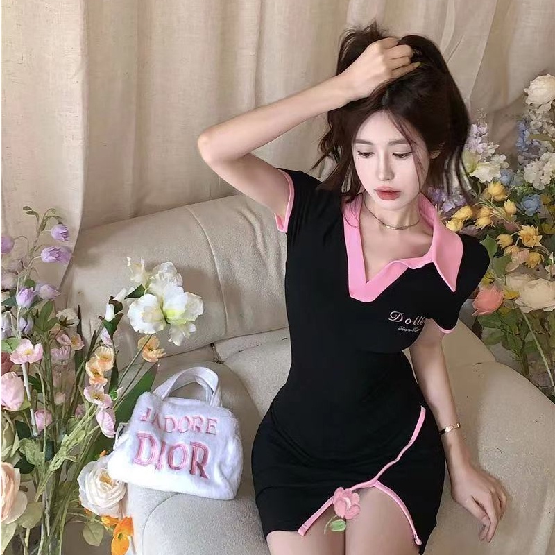 Đầm Polo Thêu Họa Tiết Thiết Kế Lệch Tà Kiểu Hàn Quốc Quyến Rũ
