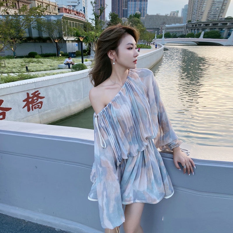 Đầm Ngắn Trễ Vai Thiết Kế Xếp Ly Thời Trang Xuân Hè Cho Nữ