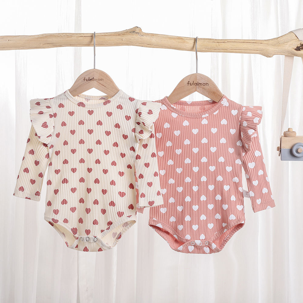 Bộ Áo Liền Quần Vải Cotton Tay Dài Phối Tay Cánh Tiên In Họa Tiết Trái Tim Thời Trang Mùa Thu / Xuân / Hè Cho Bé