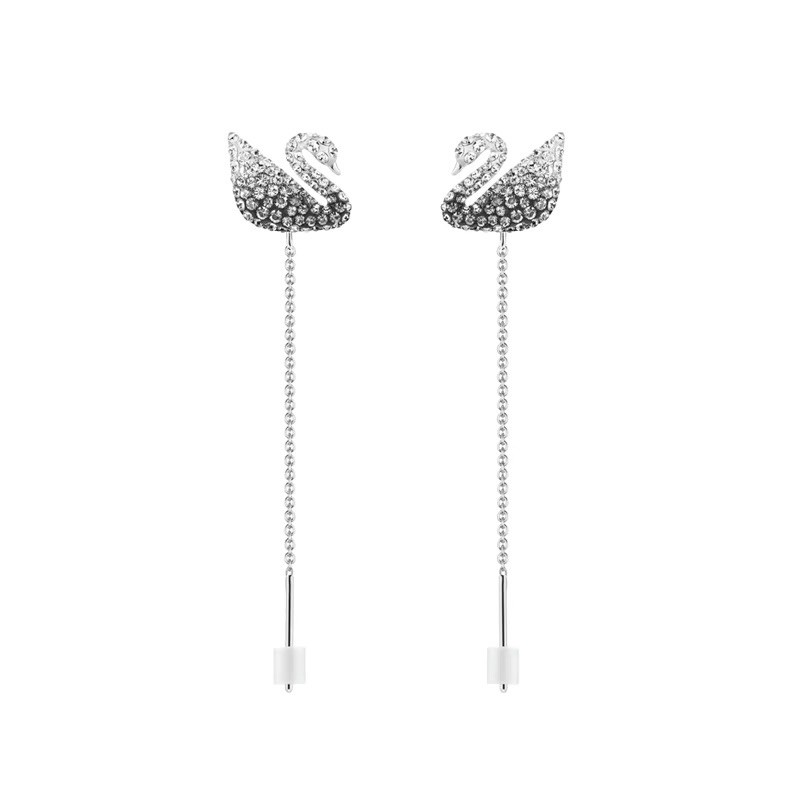 SWAROVSKI Khuyên Tai Bạc S925 5614117 Hình Thiên Nga Trắng Đen Sang Trọng