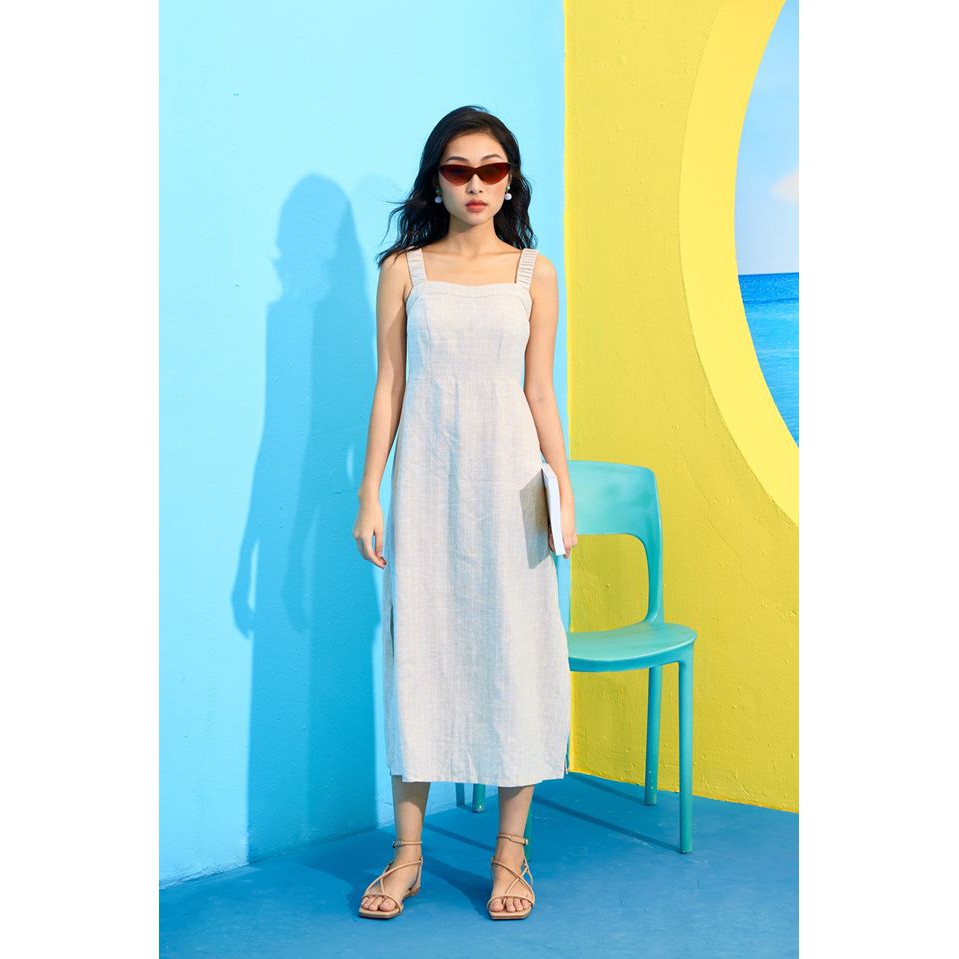 Happy Zoo - Đầm linen 2 dây sọc kem