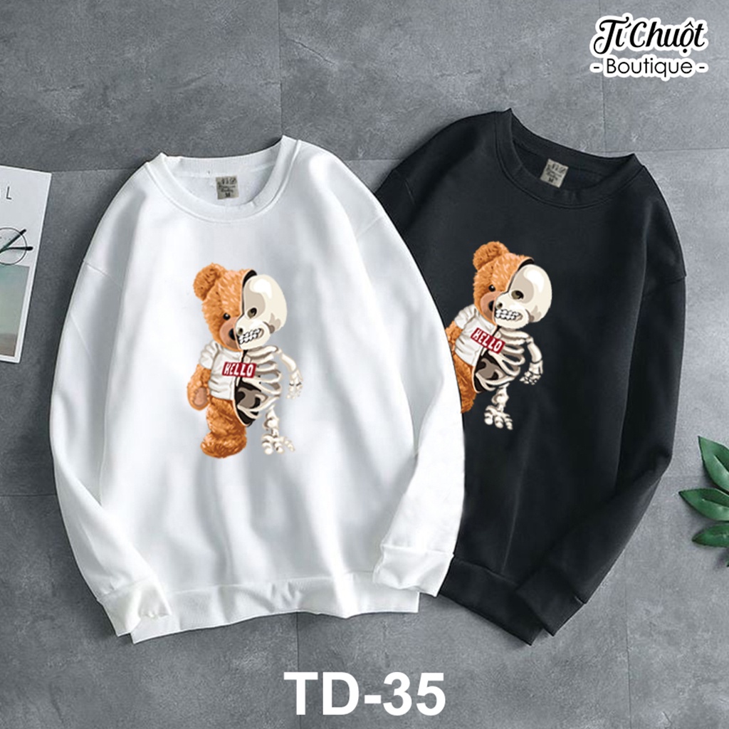 Áo sweater GẤU BỘ XƯƠNG form rộng nam nữ, áo tay dài nỉ bông in họa tiết unisex dày mềm mịn - Tí Chuột Studio