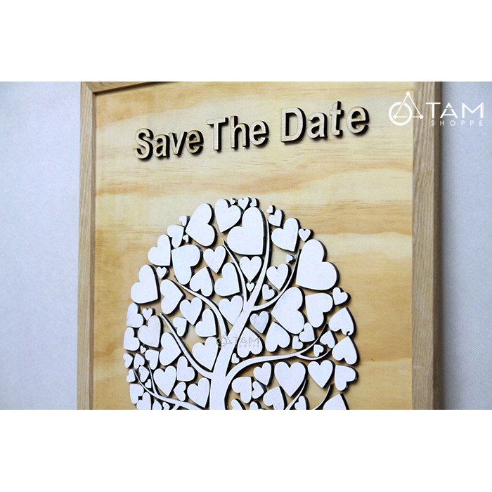 Tranh kí tên đám cưới bằng gỗ Cây tim Save the date 65x45cm W-TRANH-17
