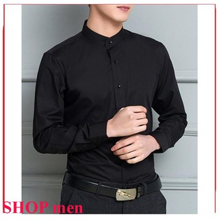 Hàng việt nam áo sơ mi cổ tàu nam màu đen