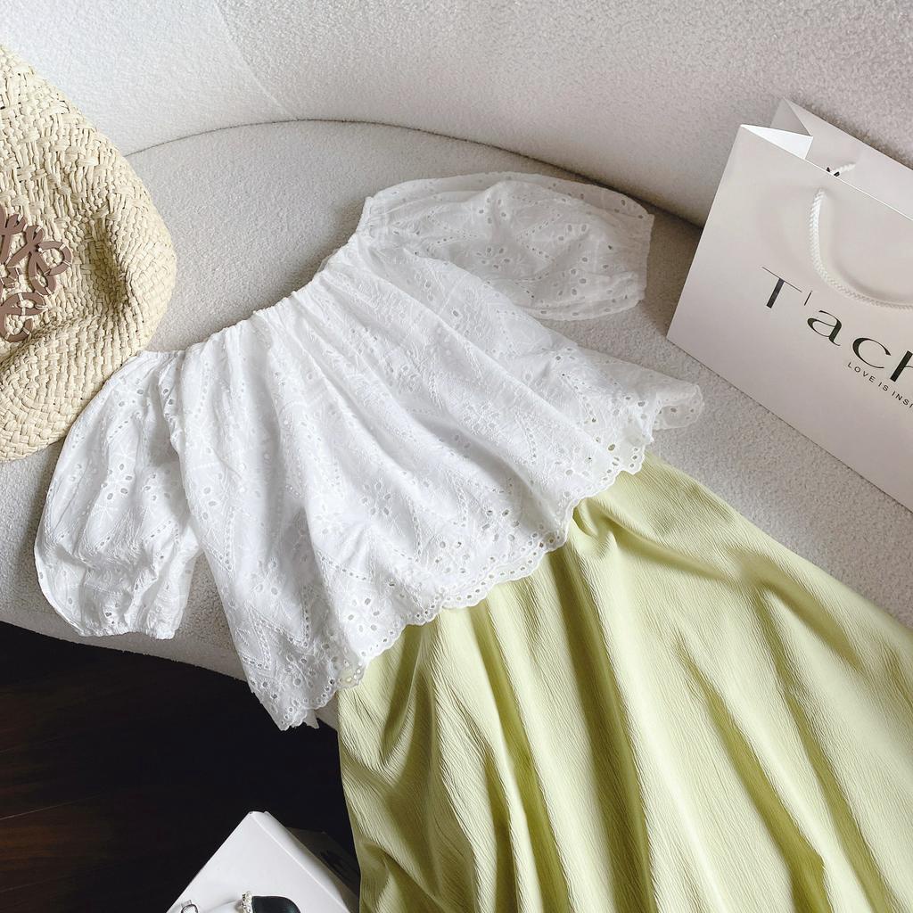 SET ÁO XÔ ĐỤC LỖ BẸT VAI + CHÂN VÁY MIDI XANH BƠ (TH)