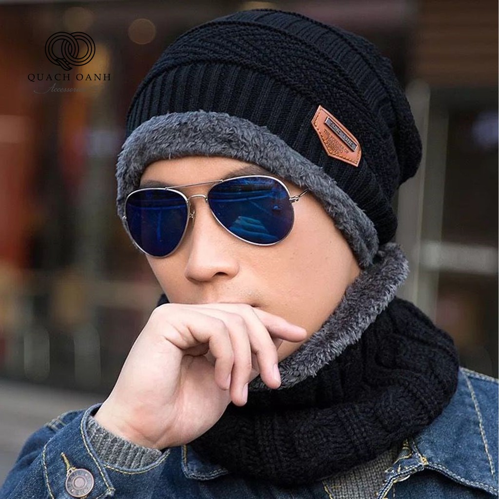 Set khăn kèm mũ len viền lông unisex ấm áp ML05